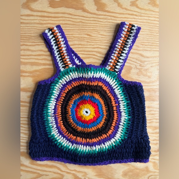 Vintage Tops - VINTAGE: Handmade Crochet Rainbow Granny Square Tank Boho Hippie XS/S (BLACK)